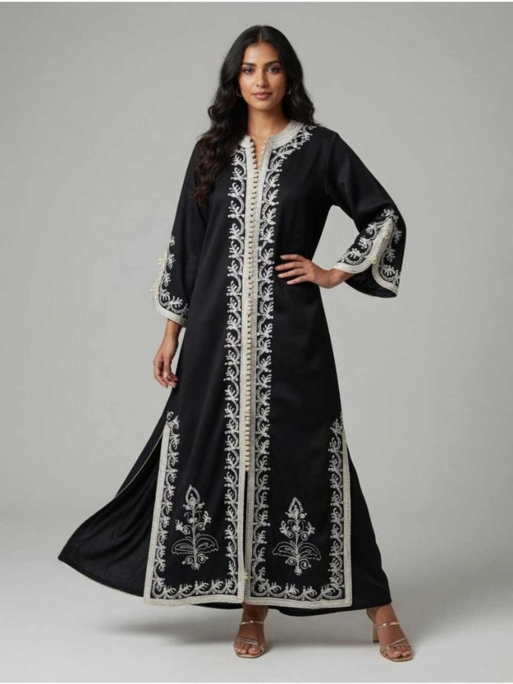 Gorgeous Women's Black Kaftan with White Embroidered Trimming